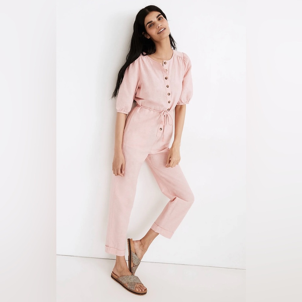Madewell Linen-Blend Puff-Sleeve Tassel-Tie Jumpsuit in Cream